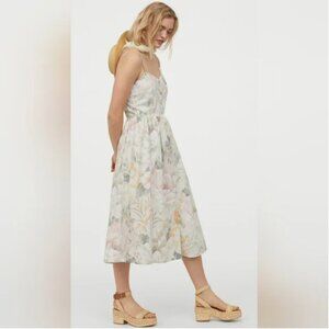 White Floral Cotton Linen Strappy Midi Dress